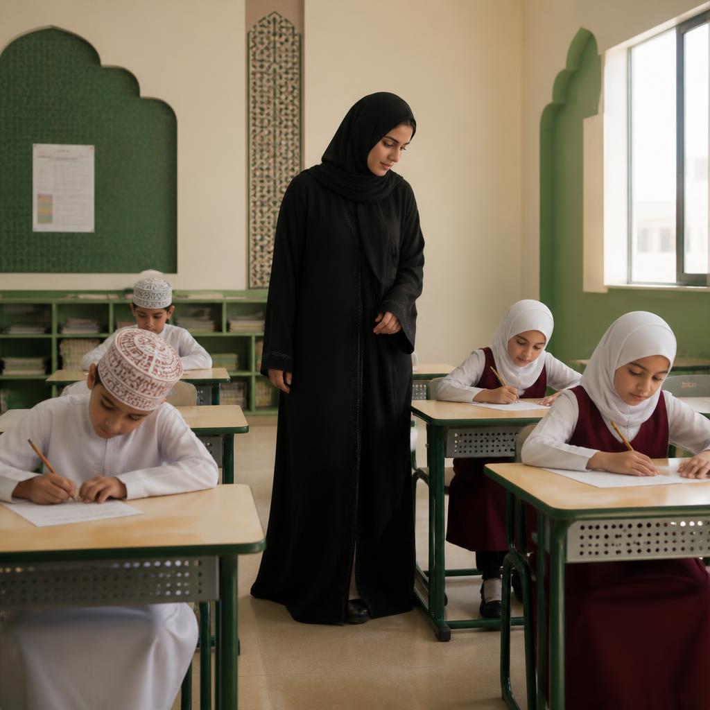 Omani pupils completing a written English quiz with their teacher