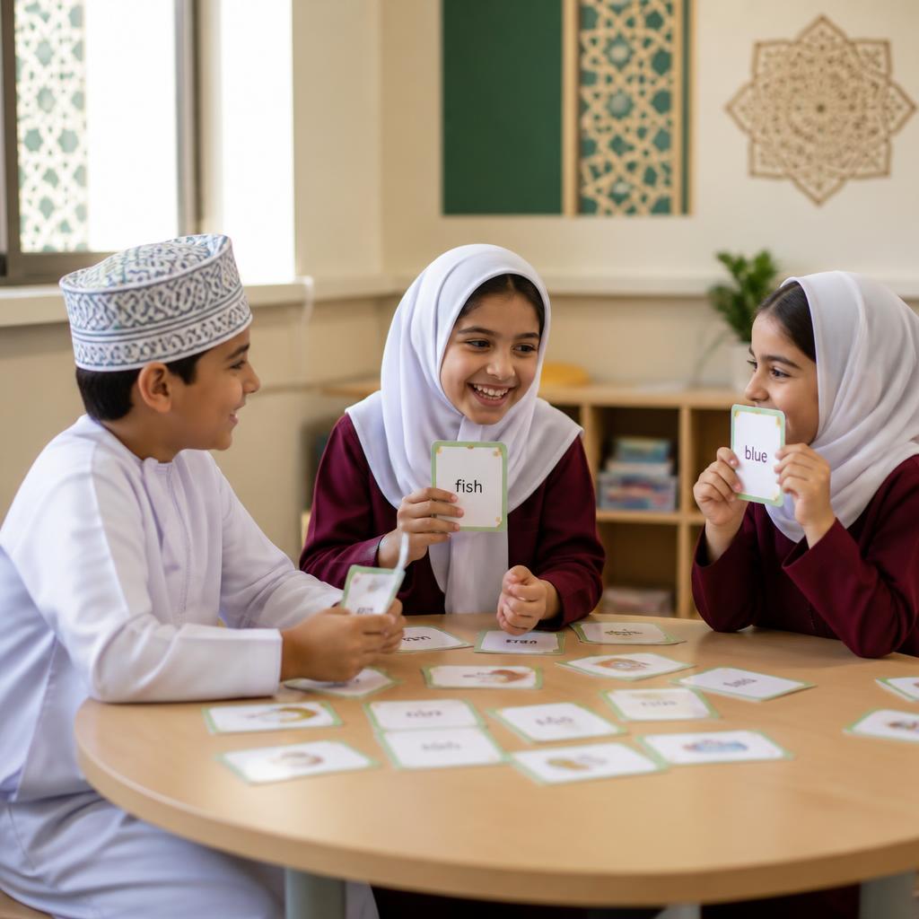 Omani children playing an educational English card game together
