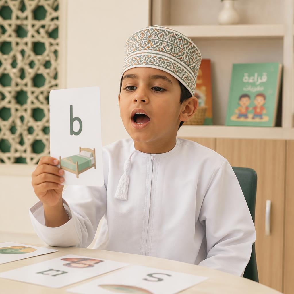 Omani boy practising English letter sounds with a phonics card