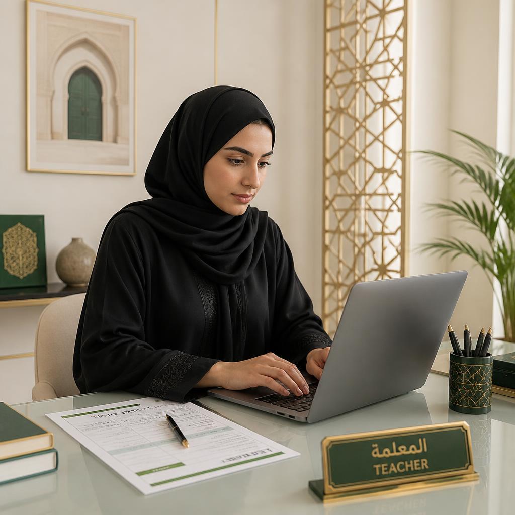 Omani female teacher planning an English lesson on a laptop