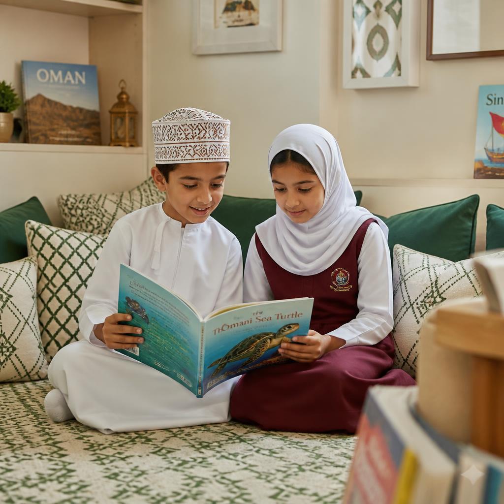 Two Omani pupils sharing an English story book in a reading corner