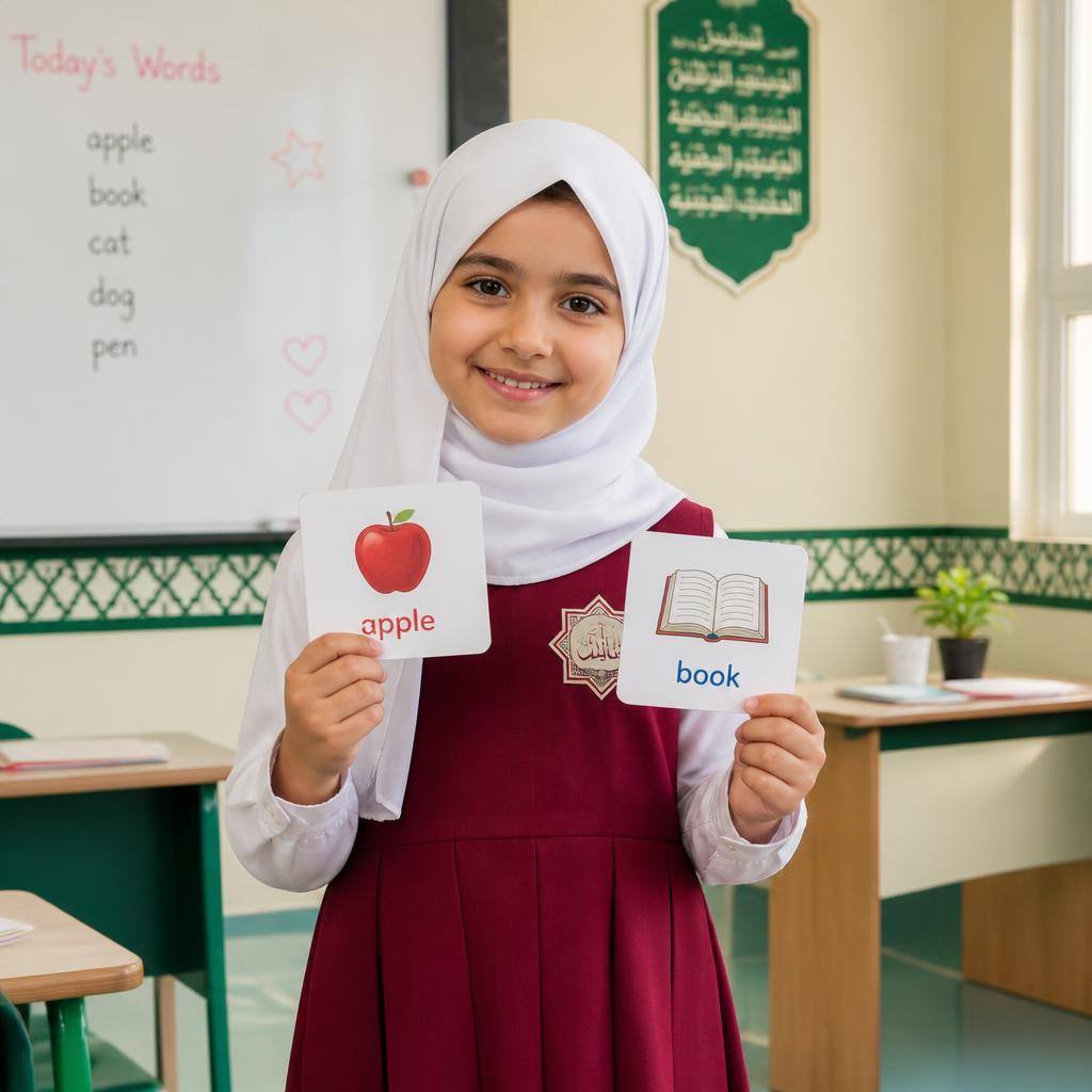 Omani schoolgirl holding English vocabulary flashcards