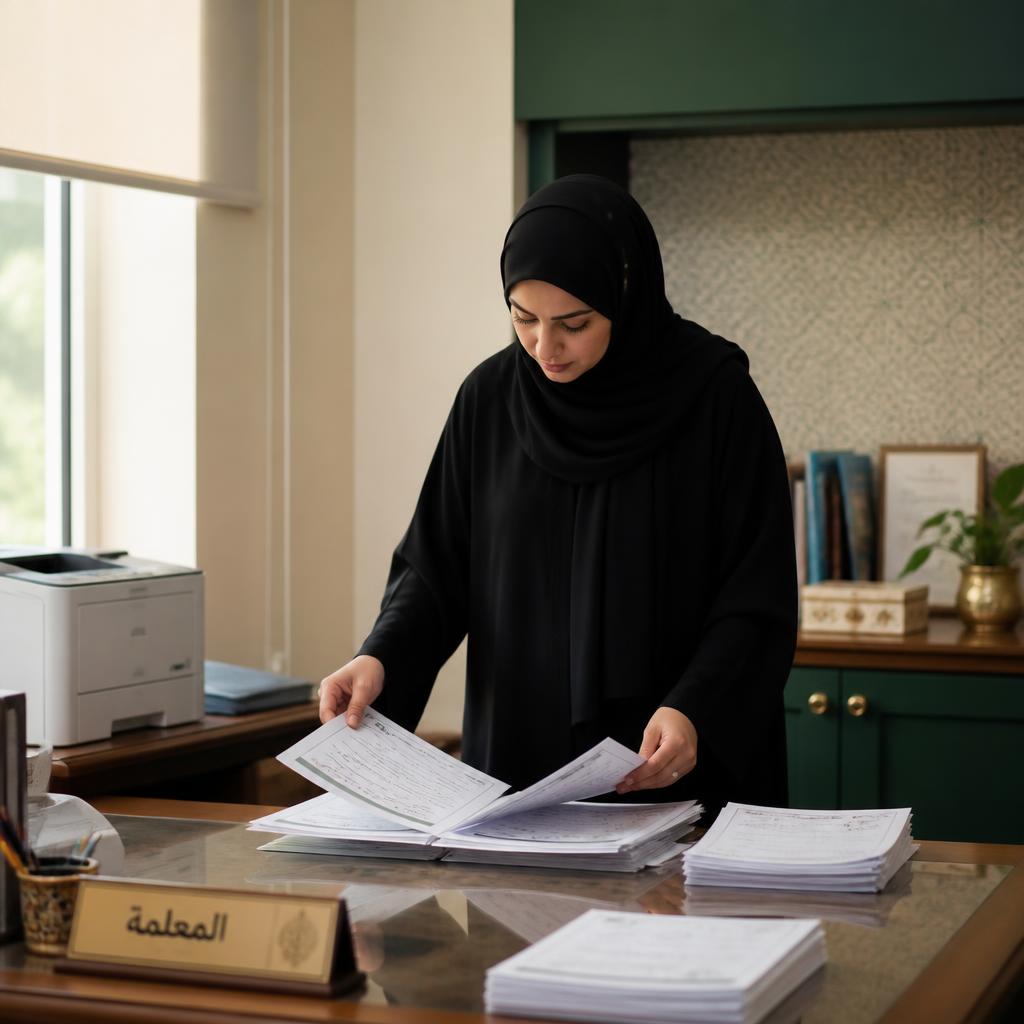 Omani female teacher preparing printed English worksheets