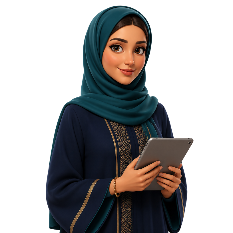 Illustration of an Omani female English teacher holding a tablet