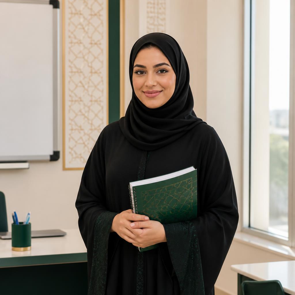 Omani female teacher smiling in a modern school corridor
